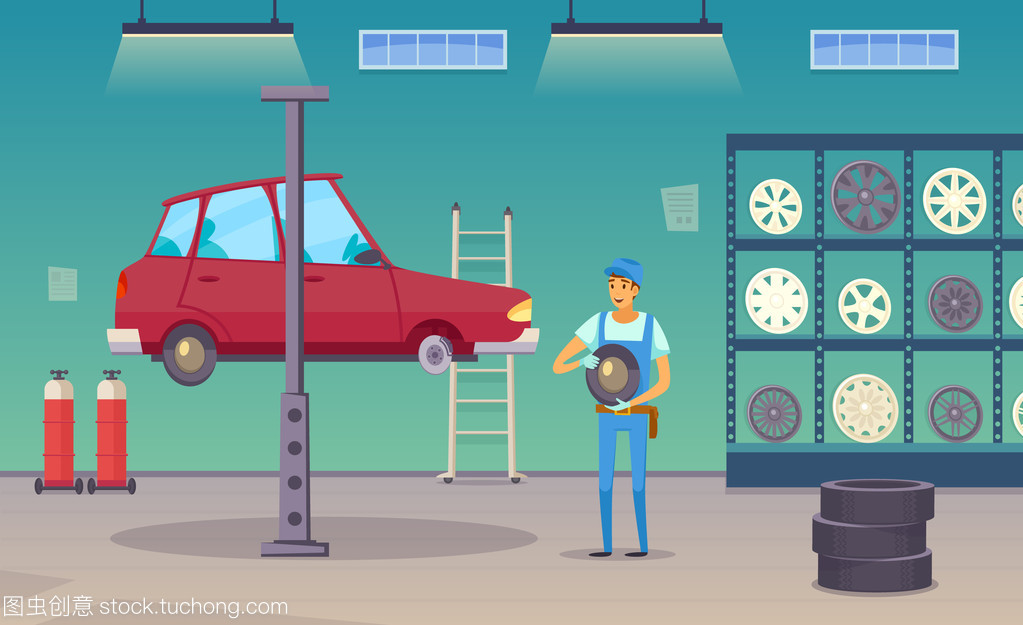 汽車服務(wù)車庫卡通組成海報